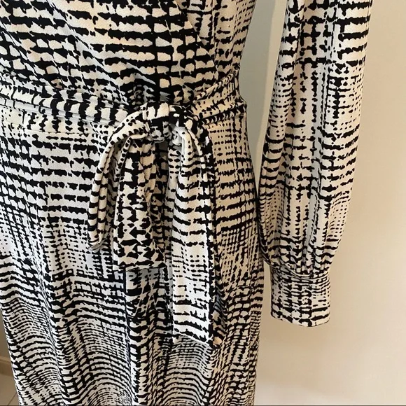 H&M Gingham White and black Faux Wrap Formal Midi Dress Long Sleeves Size 10 - Picture 6 of 10